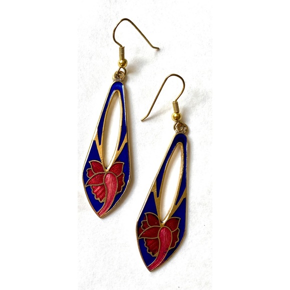 Jewelry - Vintage French Cloisonné Floral Enamel Dangle Hook Earrings Art Nouveau Flowers